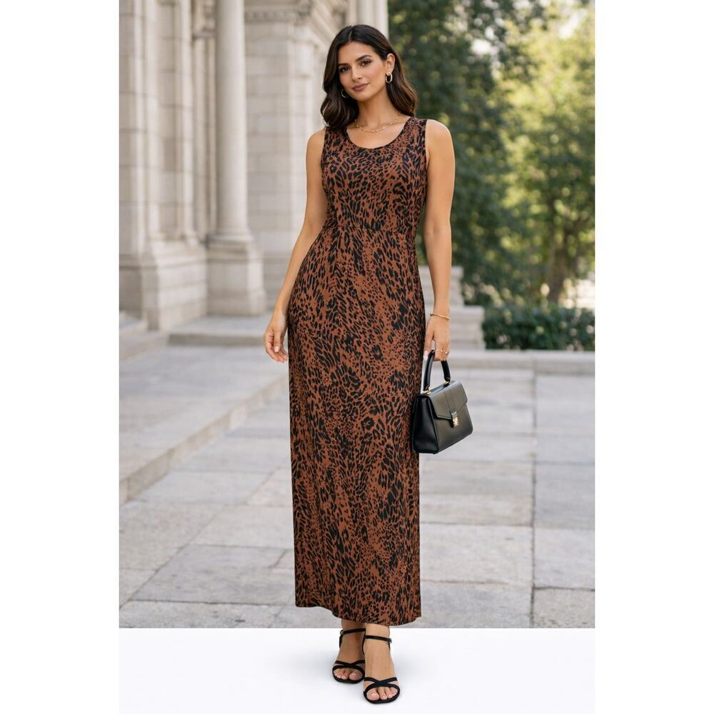 Karin Stevens Animal Print Midi Dress Brown Black Sleeveless Women’s 12